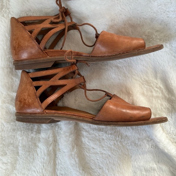 Paul Green Morea Lace Up Flat Sandals Cognac Tan Leather, Sz: 9 - Picture 2 of 7